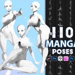 Photoshop manga poses brushes. Procreate female manga body pose stamps. Clip studio paint poses brushes. CSP body reference brush stamp