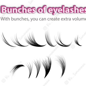 May include: A set of black eyelash extensions, arranged in different shapes and sizes, for adding volume to the eyelashes. The text "Bunches of eyelashes" and "With bunches, you can create extra volume" is displayed above the eyelashes.