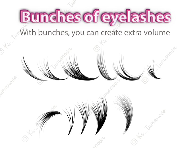 May include: A set of black eyelash extensions, arranged in different shapes and sizes, for adding volume to the eyelashes. The text "Bunches of eyelashes" and "With bunches, you can create extra volume" is displayed above the eyelashes.