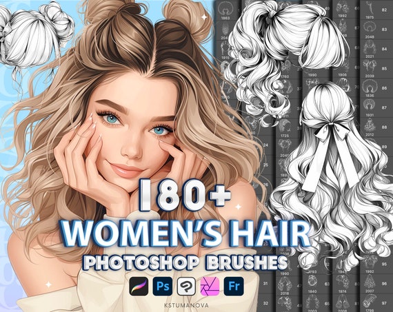 180+ Female Hair Photoshop Brushes, Procreate Hairstyle Stamps. CSP Digital Brush