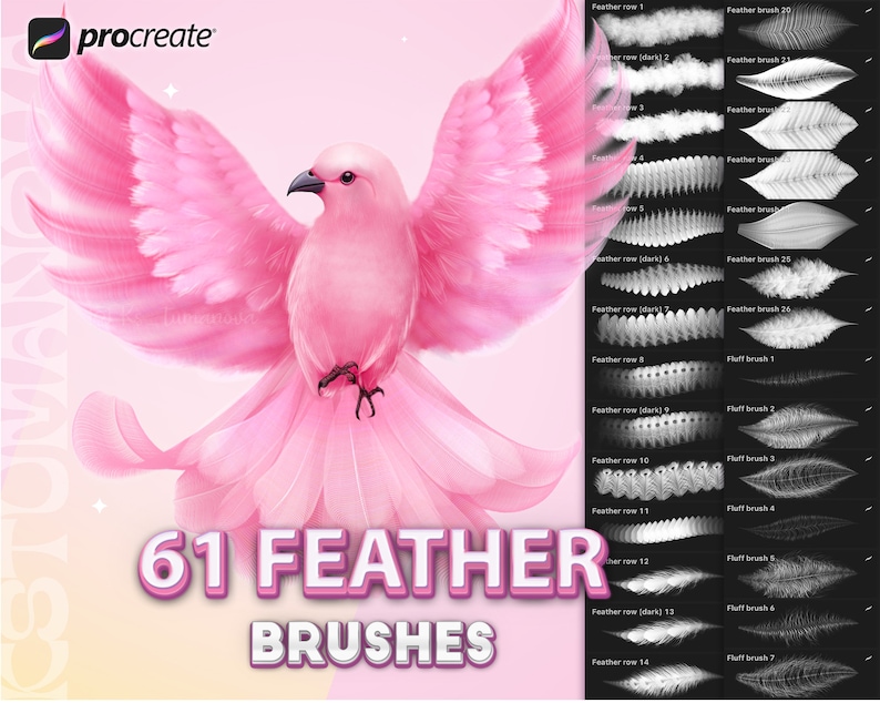 Op de afbeelding: Een roze vogel met grote vleugels, omringd door een witte achtergrond met een raster van 61 veren- en pluisborstels. De tekst "61 FEATHER BRUSHES" wordt weergegeven in roze letters.