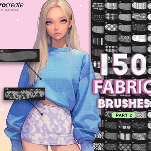 Puede incluir: Una ilustración digital de una mujer con una camisa azul y una falda con un patrón blanco y gris. La imagen es un producto digital para Procreate, que incluye 150 pinceles de tela en la parte 2 de la colección.