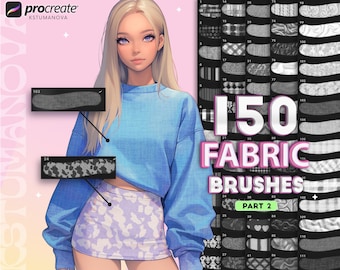 Può includere: Un'illustrazione digitale di una donna che indossa una camicia blu e una gonna con un motivo bianco e grigio. L'immagine è un prodotto digitale per Procreate, che include 150 pennelli per tessuti nella parte 2 della collezione.