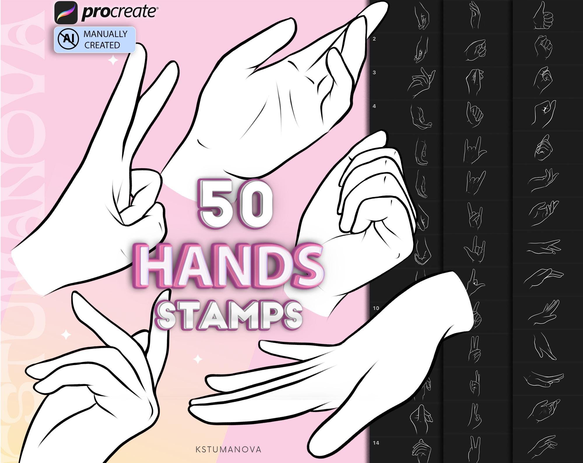 Procreate Hand Stamps Brush Set – 50 Hand Pose Reference Brushes for Fast Drawing - Image 1