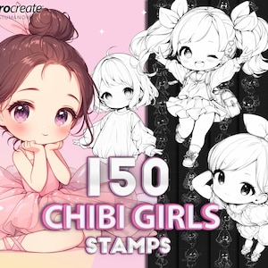Procreate chibi girls stamps. Procreate chibi poses brushes. Procreate anime manga stamp