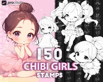 Procreate chibi girls stamps. Procreate poses brushes, anime manga digital brush stamp