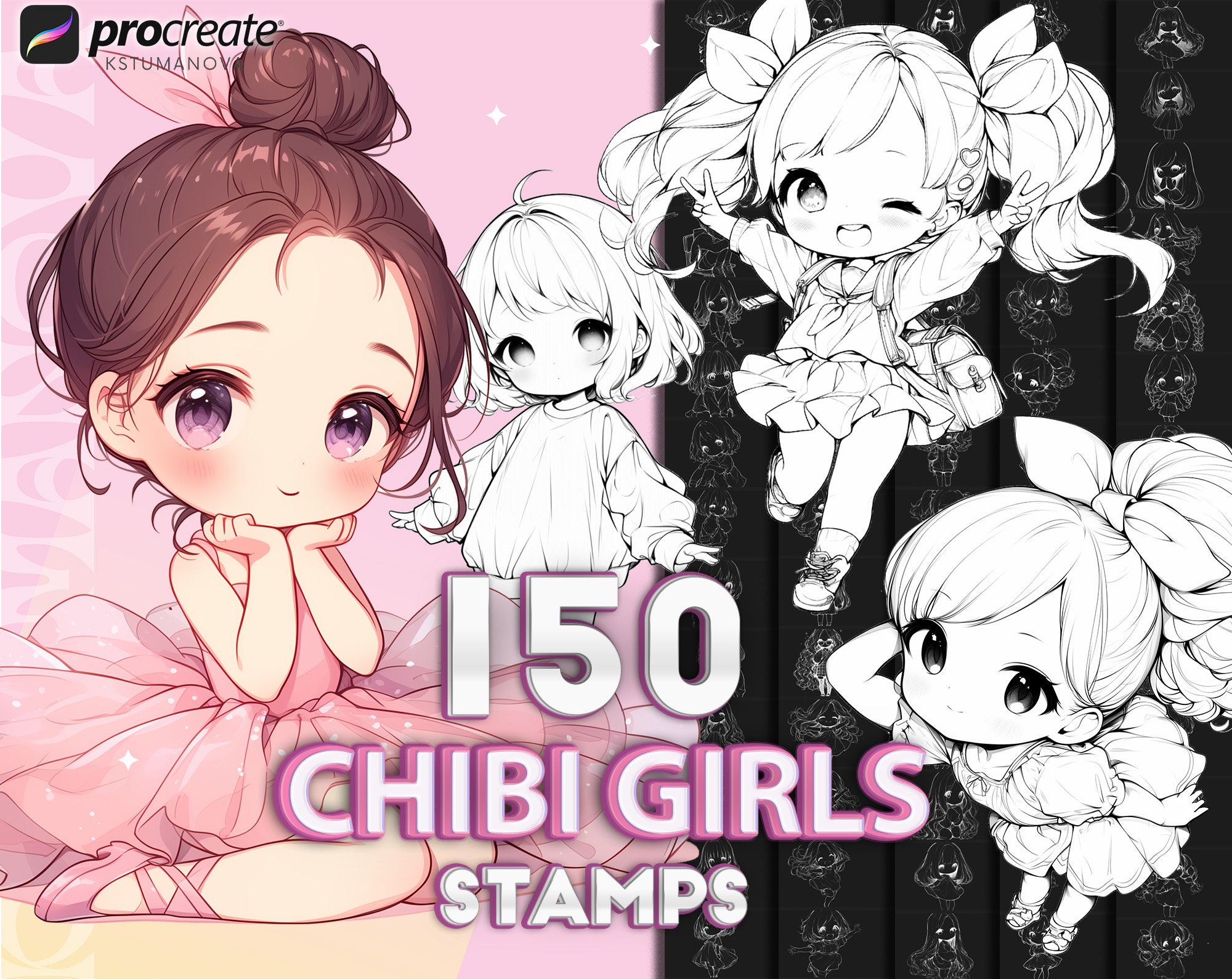 Procreate Chibi Girls Stamps – 150 Anime Manga Pose Brushes for iPad Drawing
