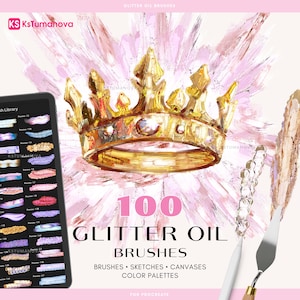 Pode incluir: Imagem de materiais de arte digital com uma coroa dourada, um tablet exibindo pinceladas e uma espátula. O texto diz "100 Glitter Oil Brushes" com opções para pincéis, esboços, telas e paletas de cores. O fundo tem pinceladas rosa.