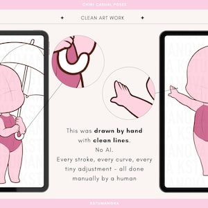K&ouml;nnte beinhalten: Digitale Illustration von Chibi-Charakteren in l&auml;ssigen Posen. Das Bild zeigt zwei Tablets, die die Charaktere darstellen, mit Nahaufnahmen von Details. Der Text besagt, dass die Kunst von Hand mit sauberen Linien gezeichnet wurde, ohne KI.