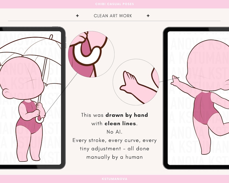 K&ouml;nnte beinhalten: Digitale Illustration von Chibi-Charakteren in l&auml;ssigen Posen. Das Bild zeigt zwei Tablets, die die Charaktere darstellen, mit Nahaufnahmen von Details. Der Text besagt, dass die Kunst von Hand mit sauberen Linien gezeichnet wurde, ohne KI.