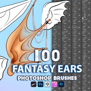 May include: A set of 100 fantasy ear Photoshop brushes. The brushes are in black and white and feature a variety of ear shapes, including pointed, rounded, and elf-like ears. The brushes are ideal for creating fantasy characters, creatures, and artwork.