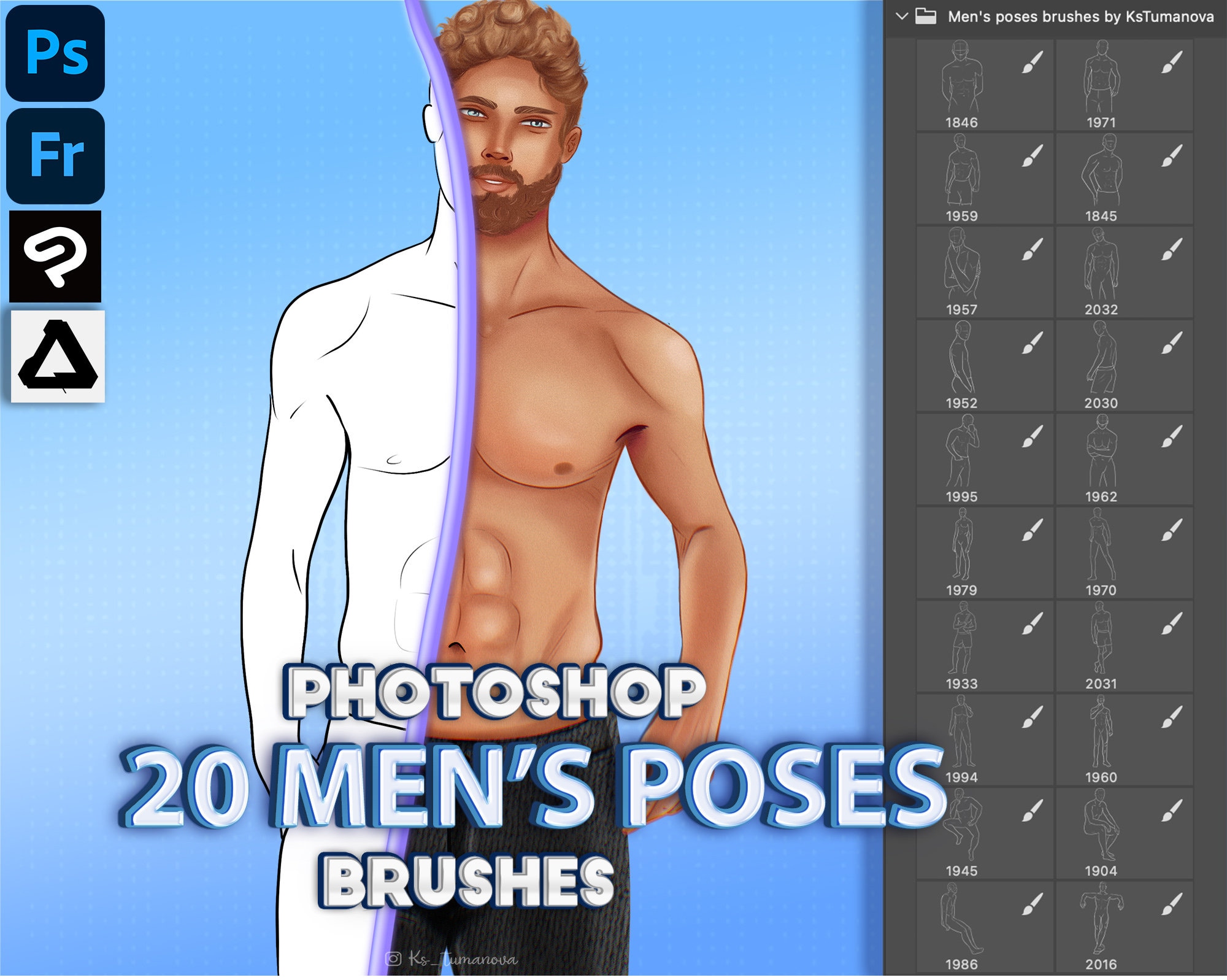 Photoshop male body poses brushes. Adobe Fresco, Clip Studio Paint, Procreate, Affinity Photo ABR Brushes. Digital download brush