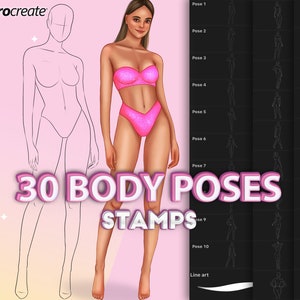 Procreate body poses stamps. Procreate female realistic full-body, half-body guide brushes