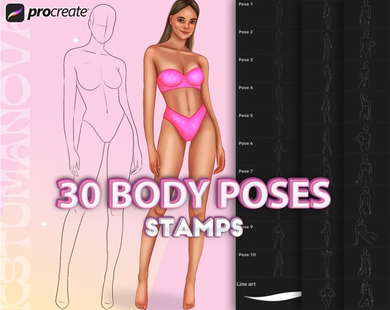 Procreate body poses stamps. Procreate female realistic full-body, half-body guide brushes