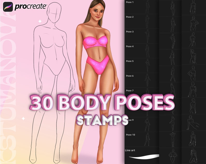 May include: Digital art product featuring a Procreate logo, a line drawing of a figure, and a digitally painted woman in pink swimwear. The image includes the text "30 BODY POSES STAMPS" and examples of body poses.