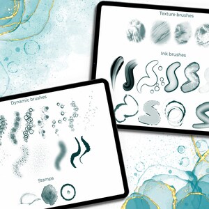 May include: A digital tablet screen displaying a variety of digital art brushes. The brushes are categorized as "Texture brushes", "Ink brushes", "Dynamic brushes", and "Stamps". The screen is surrounded by a teal and gold abstract background.