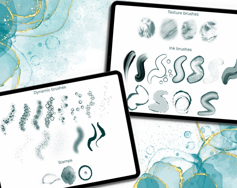 May include: A digital tablet screen displaying a variety of digital art brushes. The brushes are categorized as "Texture brushes", "Ink brushes", "Dynamic brushes", and "Stamps". The screen is surrounded by a teal and gold abstract background.