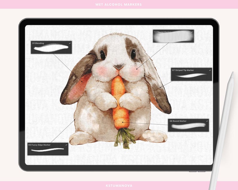 May include: A digital illustration of a white rabbit with brown ears holding a carrot. The image is on a digital tablet screen with a white stylus next to it. The screen shows different brush strokes labeled with names like "Fuzzy Edge Marker" and "Striped Tip Marker".
