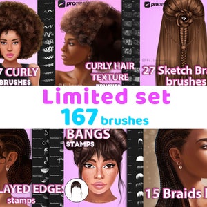 Procreate hair brushes. Procreate curly hair brush. Procreate bundle stamps