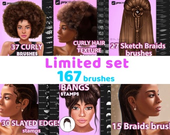 Procreate hair brushes. Procreate curly hair brush. Procreate bundle stamps