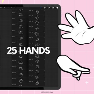 Op de afbeelding: Digitale kunstillustratie van een tablet met 25 handposities. De tablet staat op een roze achtergrond met een rasterpatroon. Er worden twee cartoonhanden getoond, &eacute;&eacute;n open en &eacute;&eacute;n wijzend. De tekst "25 HANDS" wordt in het wit weergegeven.