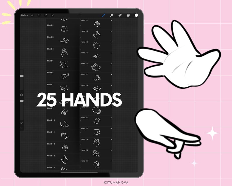 Op de afbeelding: Digitale kunstillustratie van een tablet met 25 handposities. De tablet staat op een roze achtergrond met een rasterpatroon. Er worden twee cartoonhanden getoond, &eacute;&eacute;n open en &eacute;&eacute;n wijzend. De tekst "25 HANDS" wordt in het wit weergegeven.