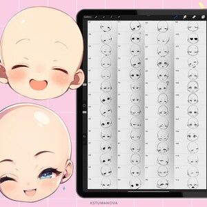 Pu&ograve; includere: Un tablet per il disegno digitale con uno sfondo bianco e un motivo a griglia. Lo schermo mostra una serie di disegni in bianco e nero di diverse espressioni facciali. I disegni sono numerati da 61 a 112. Il tablet &egrave; su una superficie rosa.
