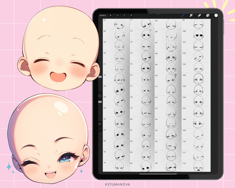 Pu&ograve; includere: Un tablet per il disegno digitale con uno sfondo bianco e un motivo a griglia. Lo schermo mostra una serie di disegni in bianco e nero di diverse espressioni facciali. I disegni sono numerati da 61 a 112. Il tablet &egrave; su una superficie rosa.