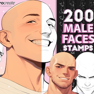 Procreate male faces brushes. Procreate head stamps. Procreate male emotional face brush stamp. Procreate man base head reference brushes