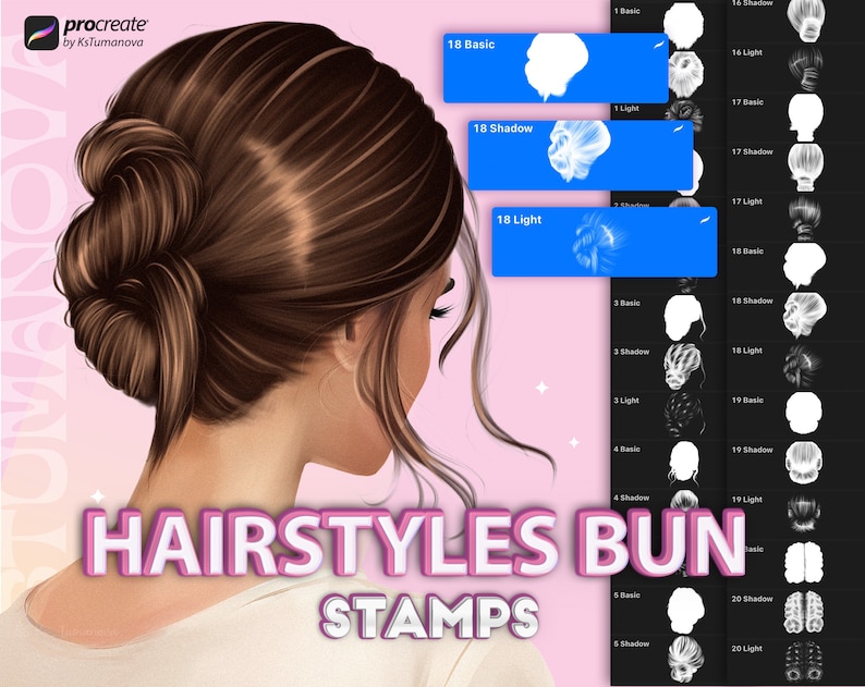 Procreate hair brushes. Procreate hairstyles bun stamps. Digital Bun brush image 1