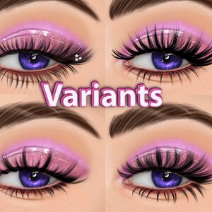 May include: Close-up of four different eye makeup looks with pink eyeshadow, black eyeliner, and dramatic lashes. The word "Variants" is written in pink letters across the middle of the image.