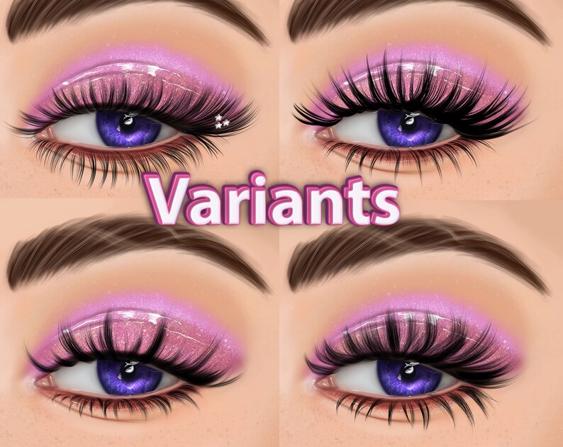 May include: Close-up of four different eye makeup looks with pink eyeshadow, black eyeliner, and dramatic lashes. The word "Variants" is written in pink letters across the middle of the image.
