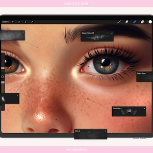 May include: Close-up of a digital illustration of a person's face with realistic skin tones. The image shows details like freckles, eyelashes, and a light glow. The image is labeled "Realistic Skin" and is part of a digital art tutorial.