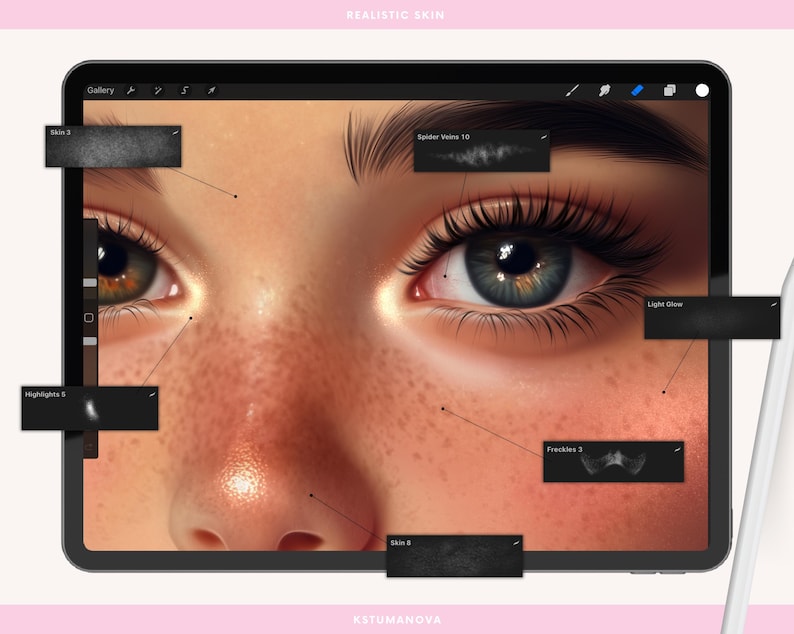 May include: Close-up of a digital illustration of a person's face with realistic skin tones. The image shows details like freckles, eyelashes, and a light glow. The image is labeled "Realistic Skin" and is part of a digital art tutorial.