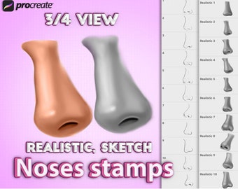 May include: A digital illustration of 10 different nose shapes in a 3/4 view. The noses are drawn in a realistic style and are labelled "Realistic 1" through "Realistic 10". The image is titled "3/4 VIEW REALISTIC, SKETCH Noses stamps".