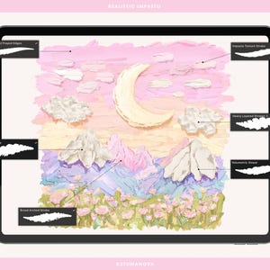 May include: Digital art on a tablet depicting a pastel landscape with a crescent moon, clouds, and mountains. The image includes brushstroke examples labeled "Dense Stroke/ Frayed Edges," "Buttery Petals," and "Broad Arched Stroke."