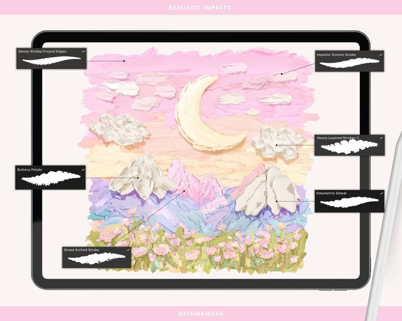 May include: Digital art on a tablet depicting a pastel landscape with a crescent moon, clouds, and mountains. The image includes brushstroke examples labeled "Dense Stroke/ Frayed Edges," "Buttery Petals," and "Broad Arched Stroke."