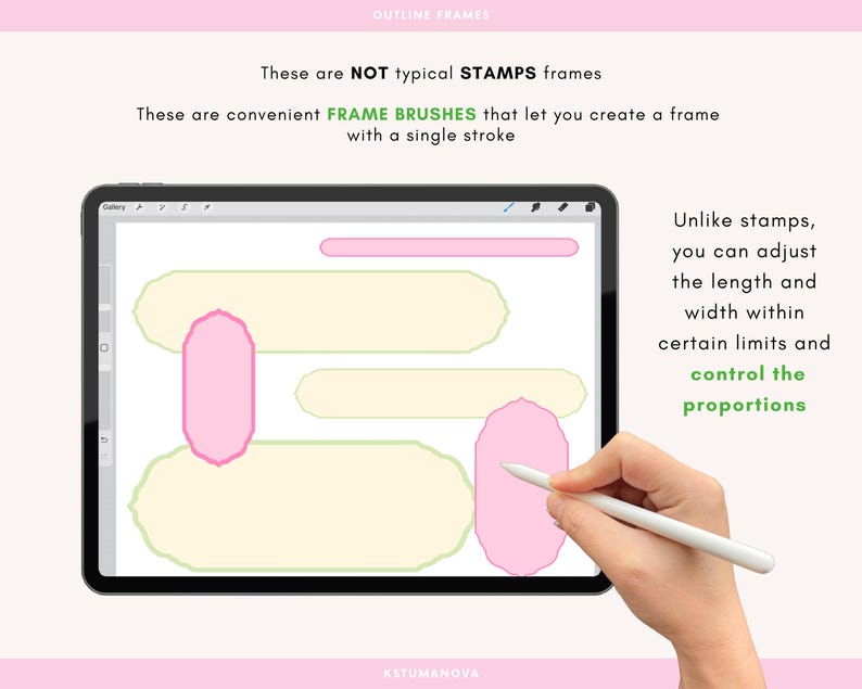 Pu&ograve; includere: Un tablet digitale mostra pennelli per cornici in rosa e giallo. Il testo recita "Outline Frames" e "Questi sono FRAME BRUSHES convenienti che ti permettono di creare una cornice con un'unica pennellata." Una mano tiene una penna, dimostrando l'uso del pennello.