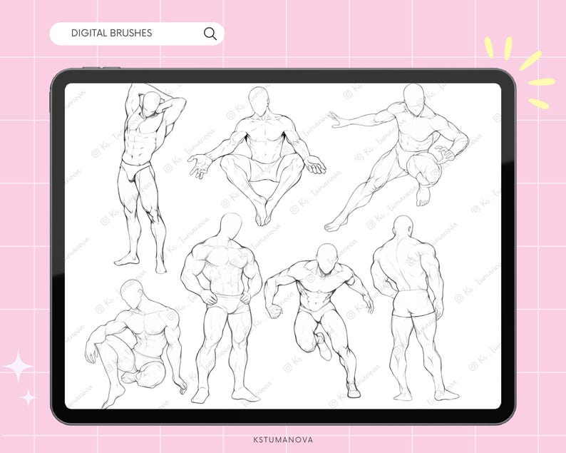 May include: A digital tablet displays a collection of black and white figure drawings in various poses. The tablet screen shows the text "DIGITAL BRUSHES" at the top. The background is a light pink grid pattern.