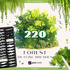 Procreate forest nature brushes, plant, leaves, tree digital brush stamps. Procreate anime outline dual brushset