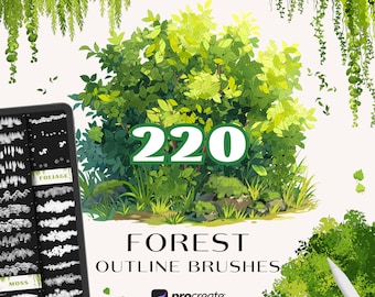 Procreate forest nature brushes, plant, leaves, tree digital brush stamps. Procreate anime outline dual brushset