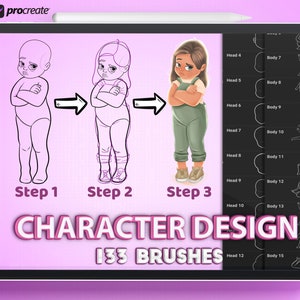 Procreate brushes for Character Design. Procreate body poses stamps. Procreate kids brushes. Procreate heads, eyes, lips brushes