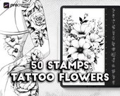 Procreate tattoo brushes. Procreate flowers tattoo stamps. Digital download floral brushes. Procreate blooming brush