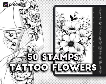 May include: A digital illustration of 50 black and white tattoo flower stamps for use in the Procreate app. The stamps are displayed on a tablet screen and include a variety of floral designs.