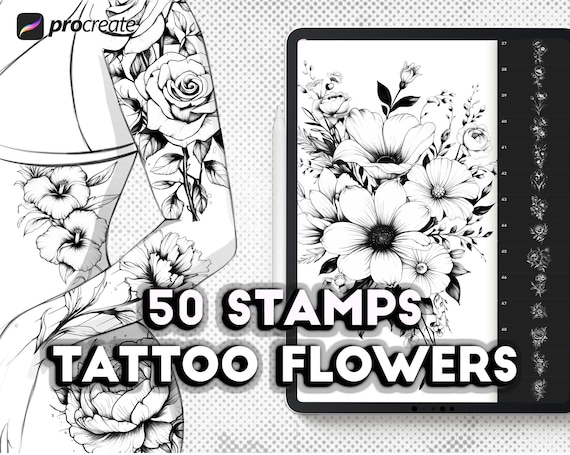 Procreate tattoo brushes. Procreate flowers tattoo stamps. Digital download floral brushes. Procreate blooming brush