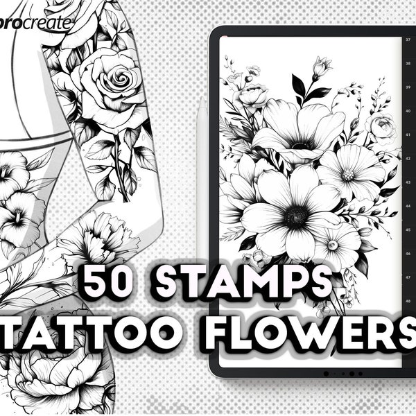 Procréer des pinceaux de tatouage. Procréer des tampons de tatouage de fleurs. Pinceaux floraux à téléchargement numérique. Procréer une brosse fleurie