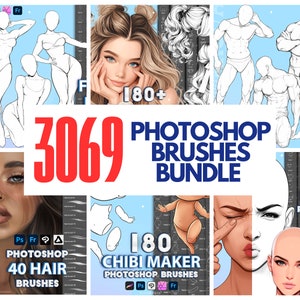 3069 Photoshop brushes. Photoshop, Clip studio paint bundle brushes. Digital body poses, hair, face, chibi, texture brushes