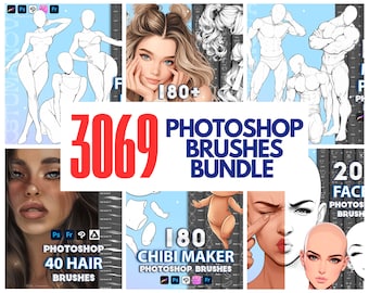 Pacote com 3069 pincéis para Photoshop: poses corporais, cabelo e rosto (download digital)