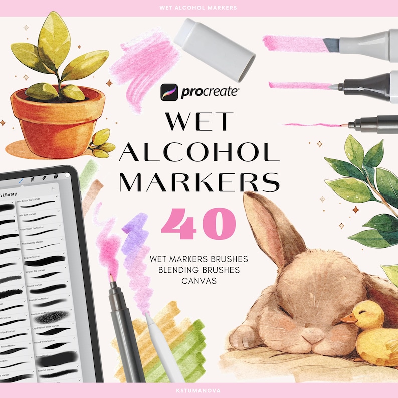 May include: Procreate brush set for digital art featuring 40 wet alcohol marker brushes, blending brushes, and canvas textures. The image shows a digital illustration of a sleeping bunny with a chick, a potted plant, and a variety of brush strokes.