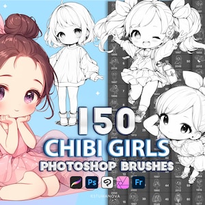 Photoshop chibi girl poses brushes. Photoshop anime brush. Procreate chibi pose brushes stamps. Digital brushes, Clip Studio Paint, Affinity
